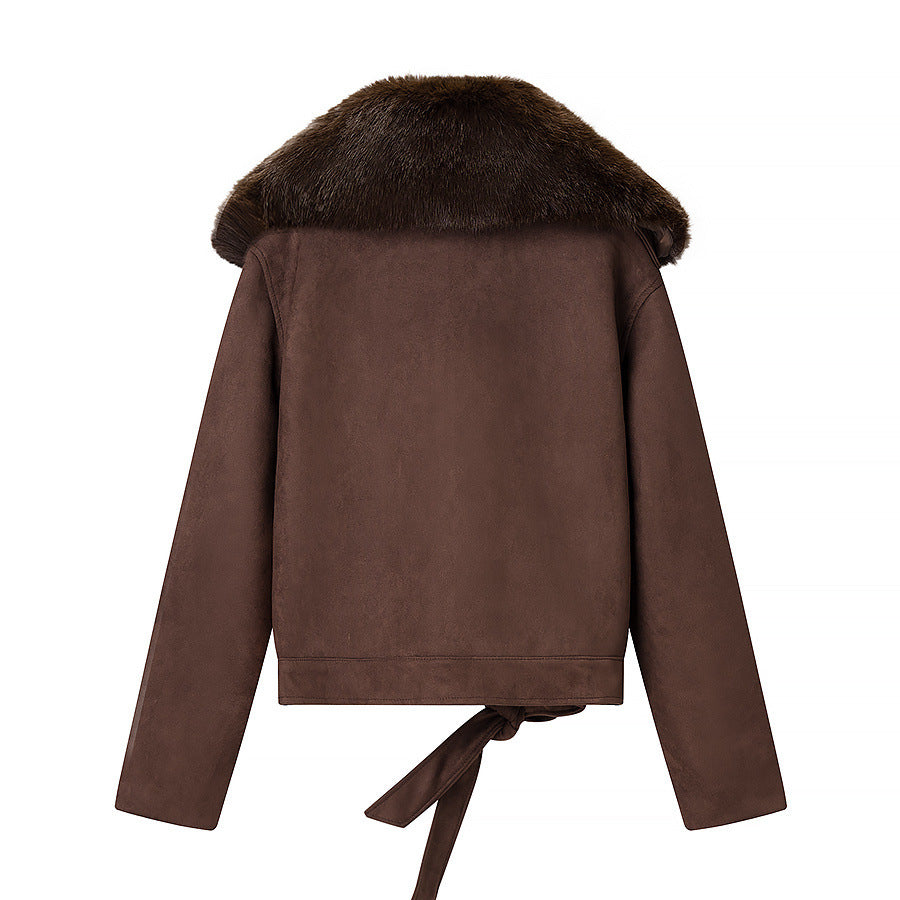 Flip collar buckle long sleeved fur collar solid color short jacket for women