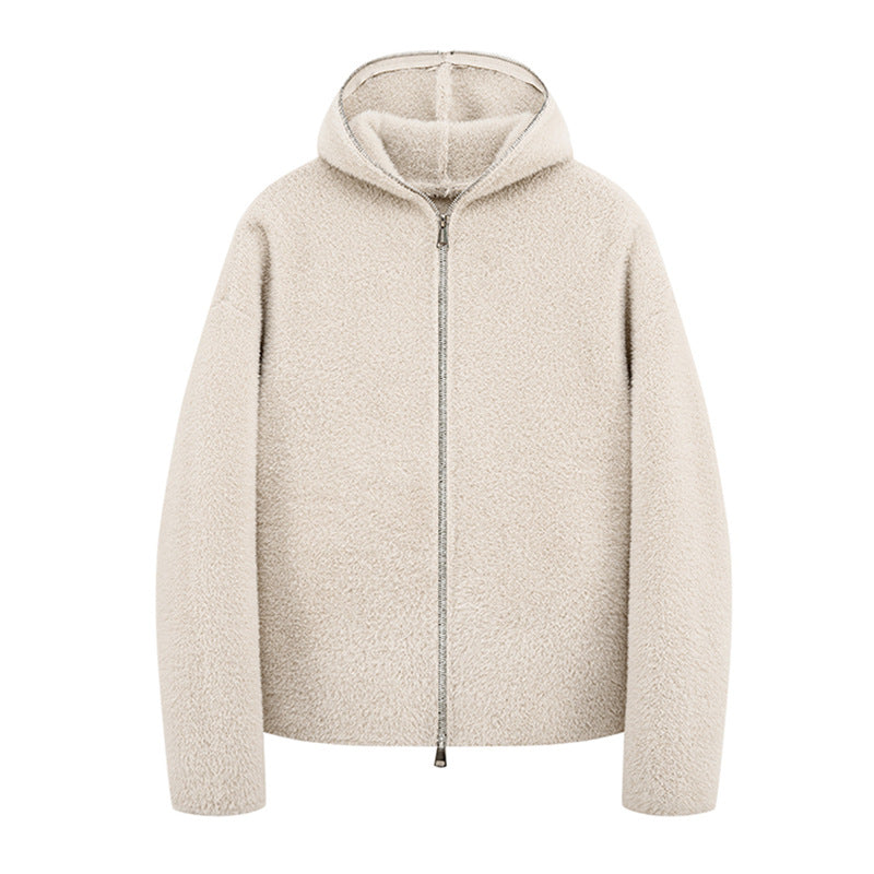 Lined Hooded Zip-Up Knit Sweater for Men Loose Fit Soft and Warm Long Sleeve Casual Style