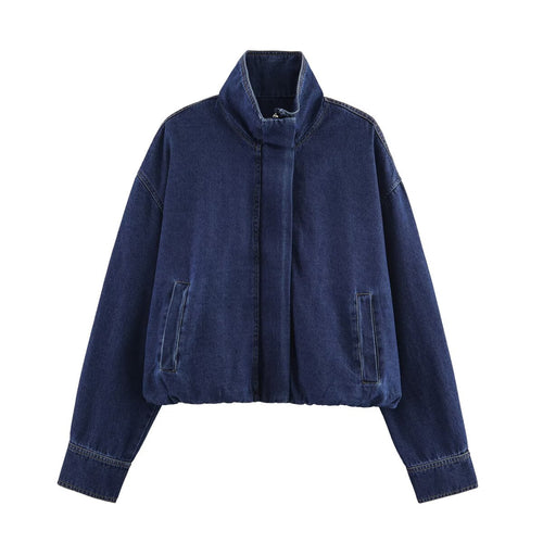 Casual stand collar long sleeved denim jacket for women
