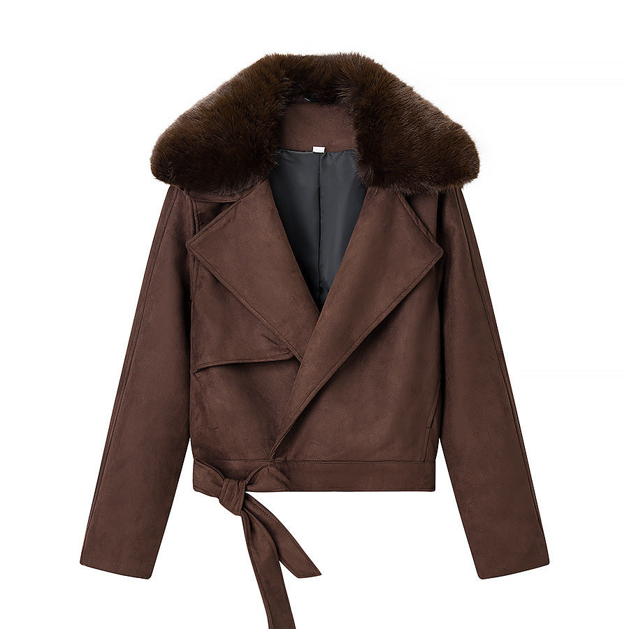 Flip collar buckle long sleeved fur collar solid color short jacket for women