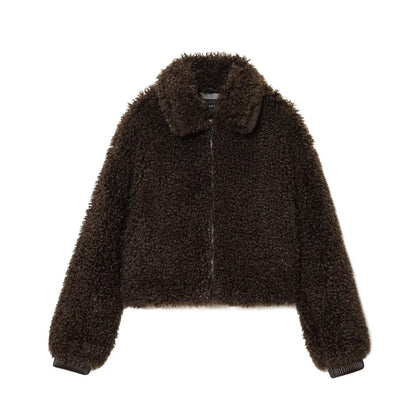 Women's collar long sleeved zipper faux fur jacket