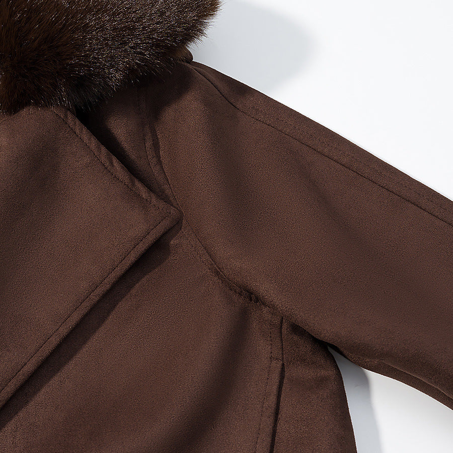 Flip collar buckle long sleeved fur collar solid color short jacket for women