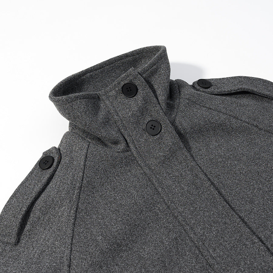 Stand up collar long sleeved gray zipper short woolen coat for women