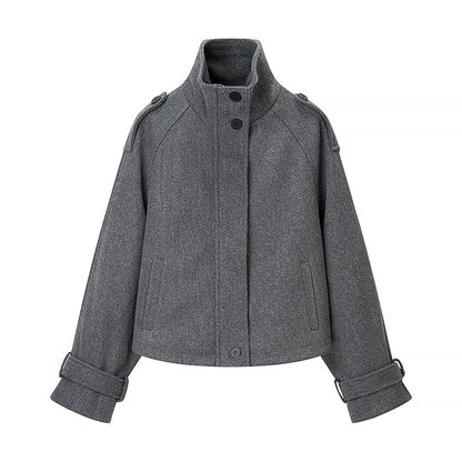 Stand up collar long sleeved gray zipper short woolen coat for women