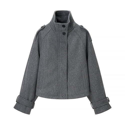 Stand up collar long sleeved gray zipper short woolen coat for women