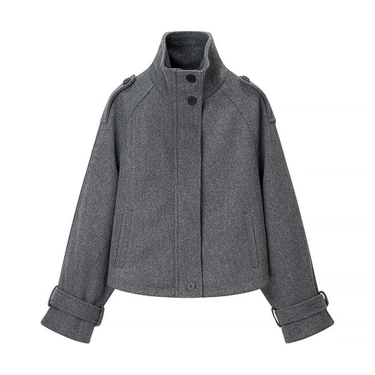 Stand up collar long sleeved gray zipper short woolen coat for women