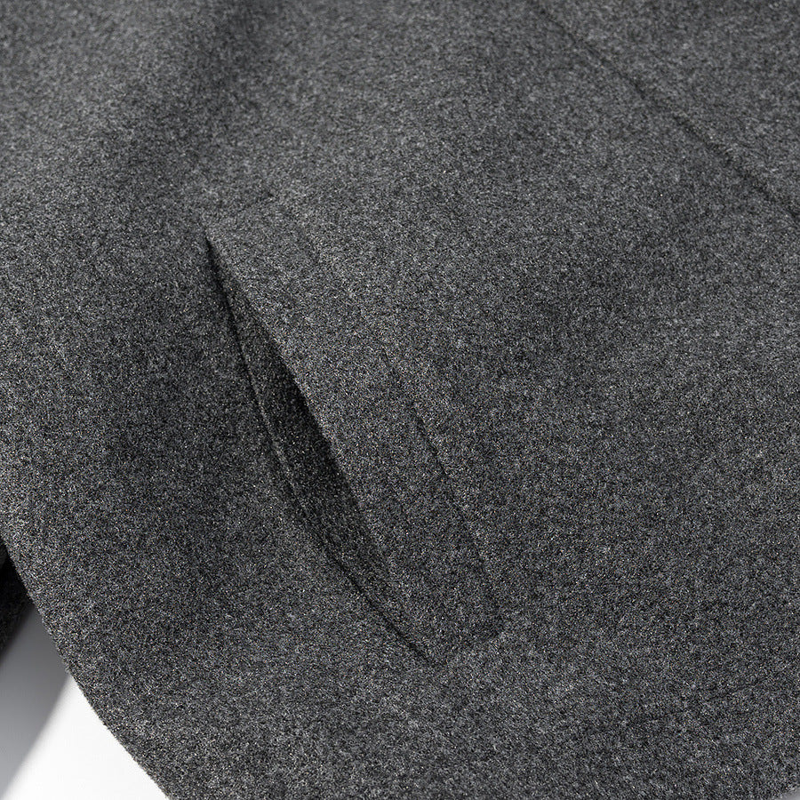 Stand up collar long sleeved gray zipper short woolen coat for women
