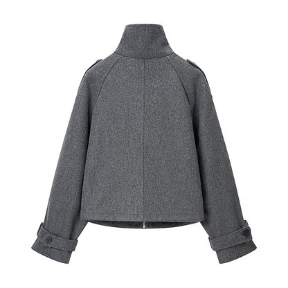 Stand up collar long sleeved gray zipper short woolen coat for women